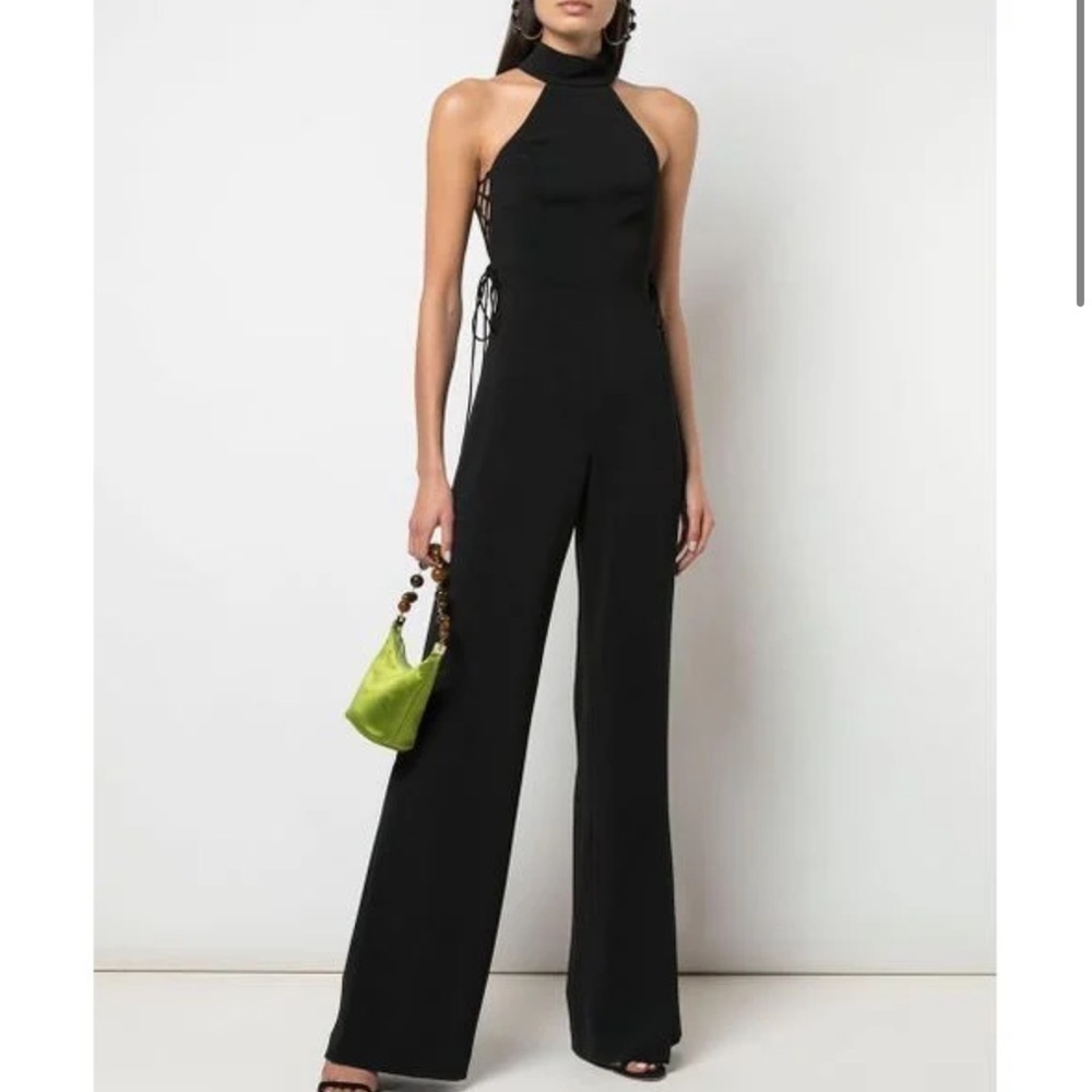 Jay Godfrey Jumpsuit Women size 8 Wide Leg Pants Lace Up Cut Out Sides Halter